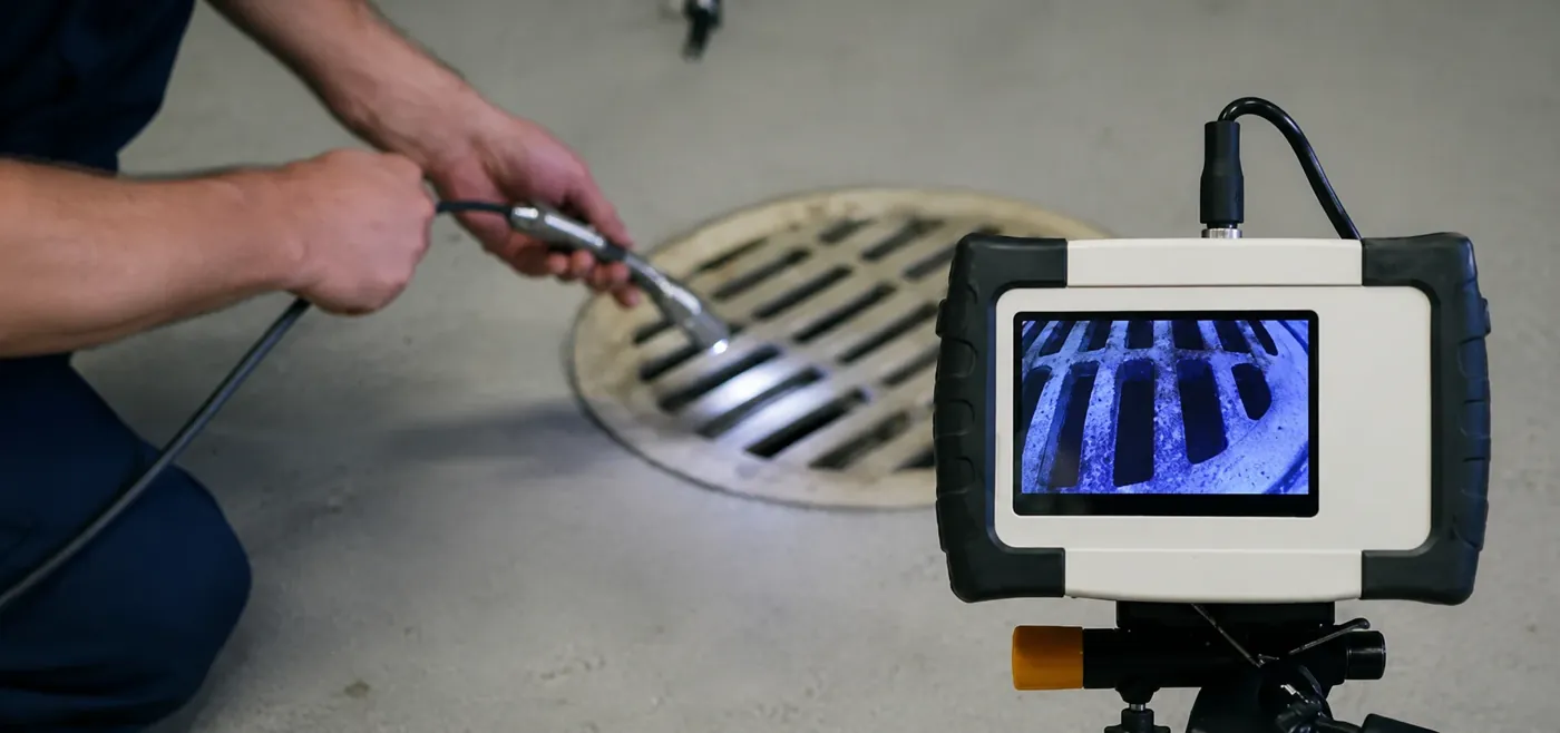 A drain camera monitor displaying a live view from inside a drain